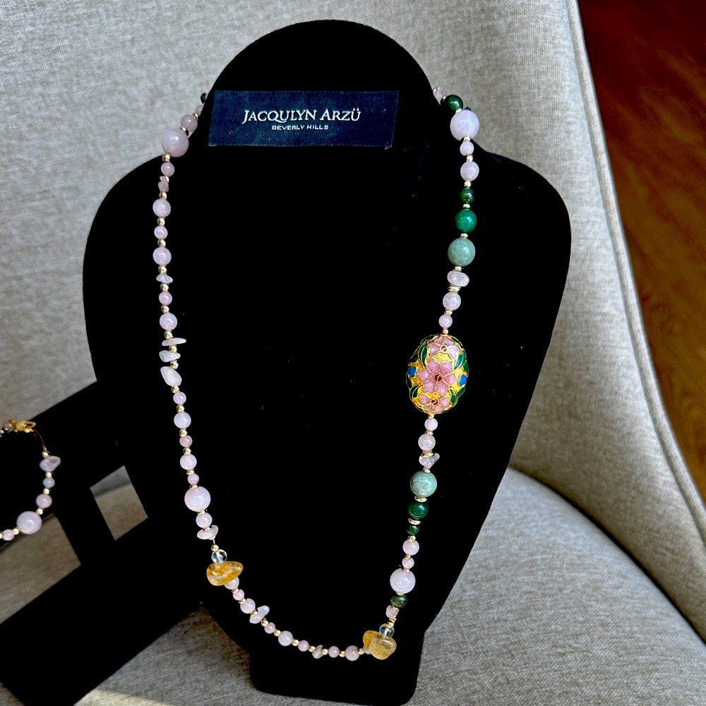 New Rose Quartz w/ Green Jade- Green Nephrite and Beaded Necklace